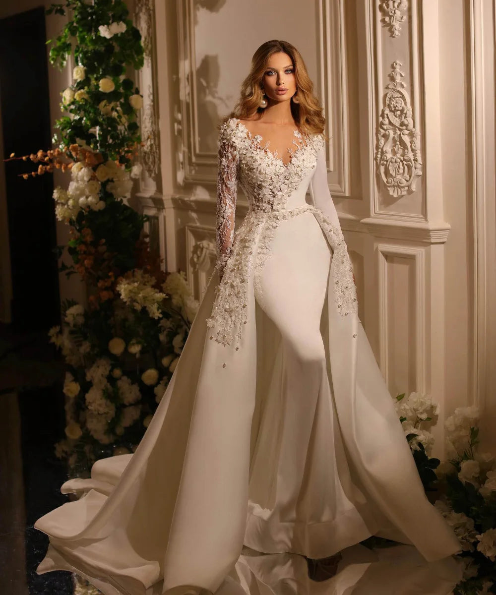 Exquisite Sheer V Neck Pearls Wedding Dress Custom Made Lace Embroidery with Overskirts Vestido De Novia