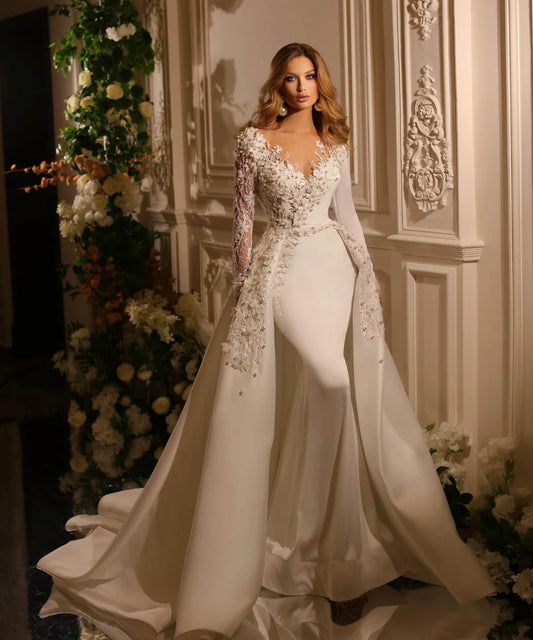 Exquisite Sheer V Neck Pearls Wedding Dress Custom Made Lace Embroidery with Overskirts Vestido De Novia