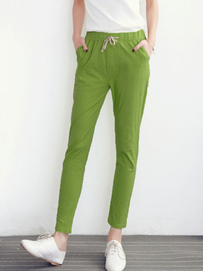 2023 Cotton Linen Women Pants Spring Summer Green Harem Pants Solid Elastic Waist Harem Trousers Soft High Quality Women's Pants