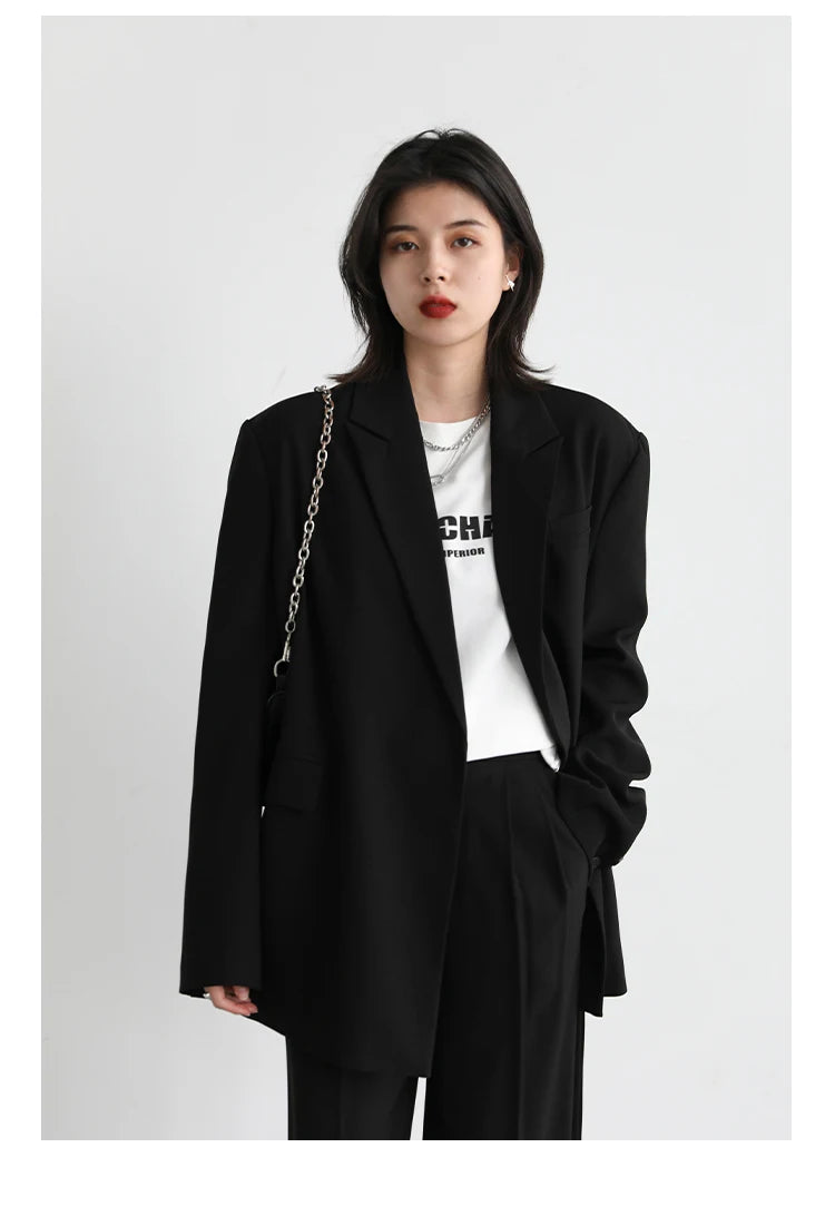 CHIC VEN Women Blazer Design Wide Shoulder Ribbon Solid Women's Medium Long Coat Office Lady Female Overcoat Spring Autumn 2022