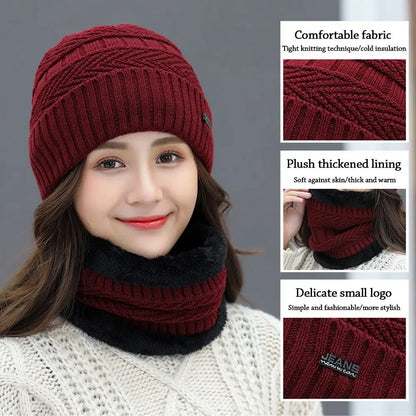 Two-Piece Set Fashion Women Knitted Hat Scarf Caps Neck Warmer Winter Hats For Men Women Skullies Beanies Warm Fleece Cap