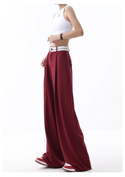 Korean Fashion Women Old Money Style Baggy Long Trousers Striped Vintage Irregular Design Loose Casual Pants 2000s Aesthetic New