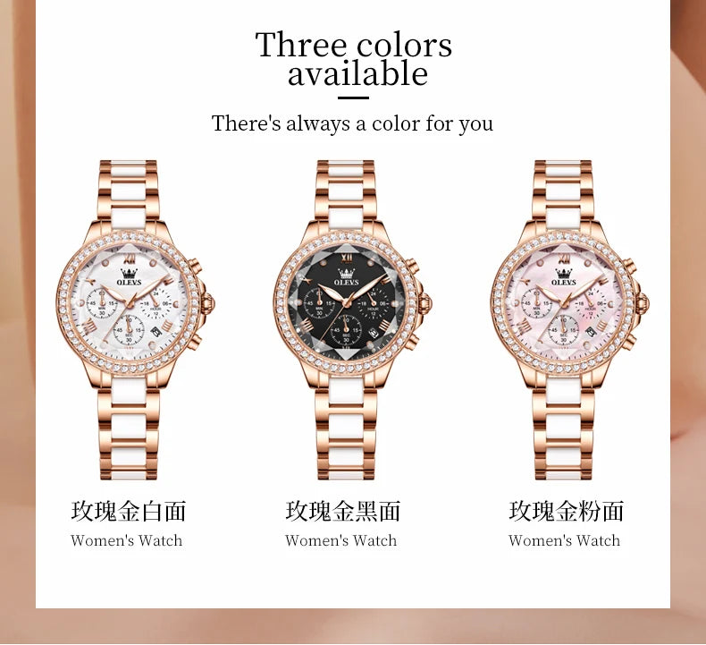 OLEVS Women's Watches Fashion Luxury Rhinestone luminous waterproof Bezel Ceramic Strap Quartz Women watch for Women Reloj mujer