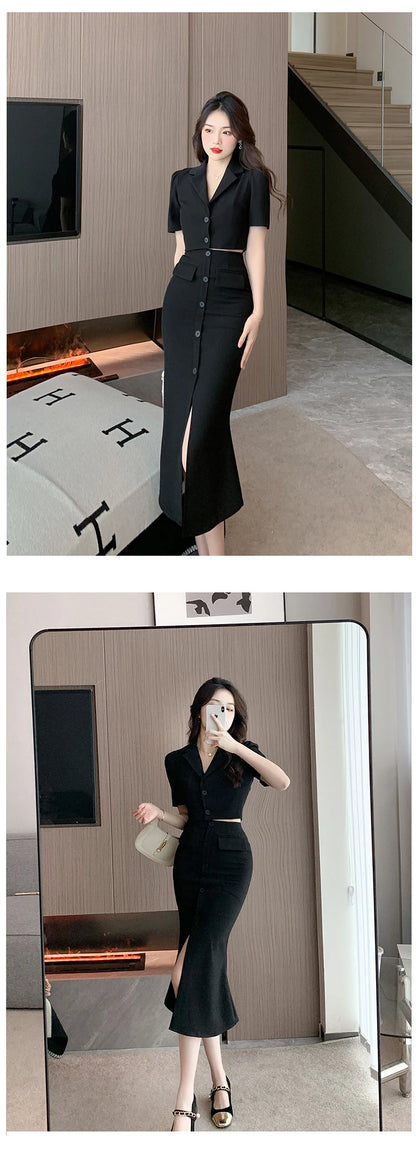 Elegant Formal 2 Pieces Outfits Women Professional Cropped Short Tops Shirt Blouse Slit Midi Skirt Sets Mujer Business Clothes