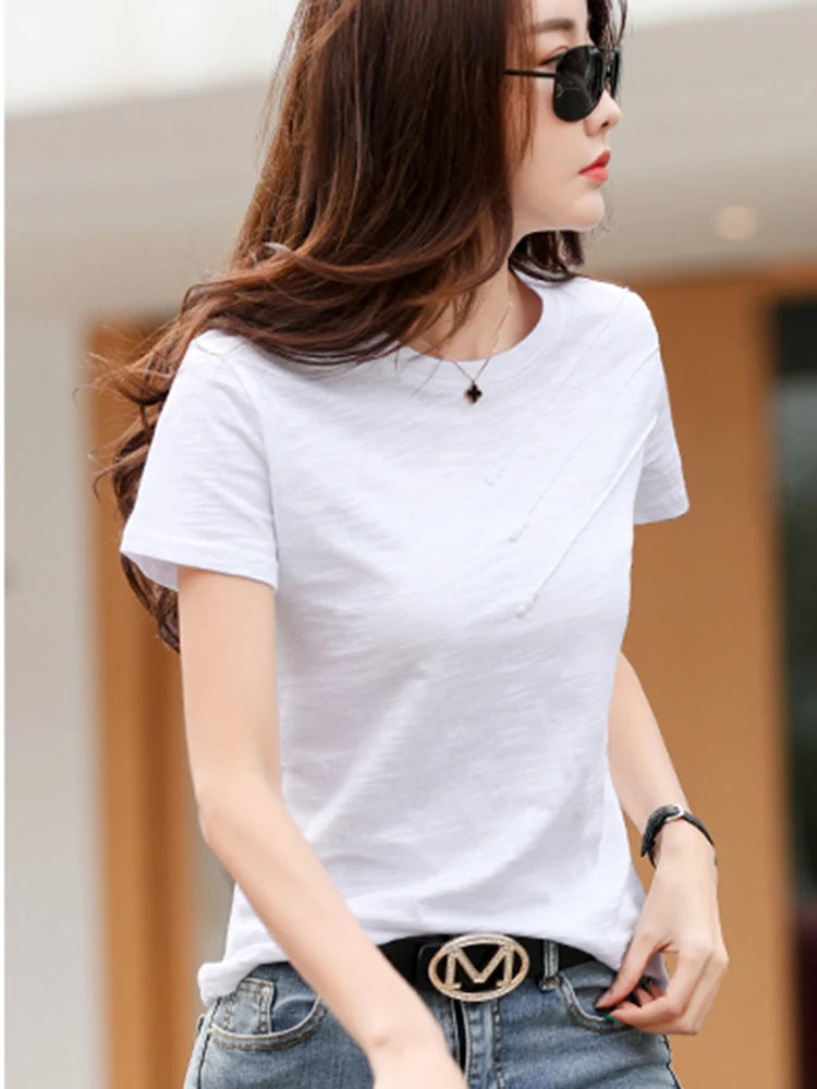 Summer Women Tee-Shirts Button Ribbed Cotton Top Loose Fashion T-shirts Women Streetwear Short Sleeve O-Neck Korean Tops