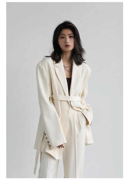 CHIC VEN Women Blazer Design Wide Shoulder Ribbon Solid Women's Medium Long Coat Office Lady Female Overcoat Spring Autumn 2022