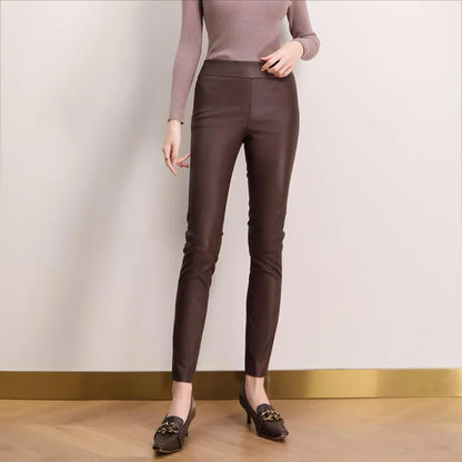 Women Clothing Genuine Leather Skinny Pants Simple Casual Elastic Waist Trousers Sheepskin All-Match Black/Coffee Frauen Hosen