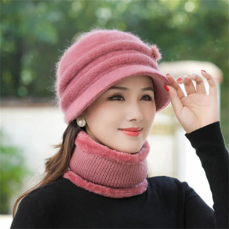 Women Winter Hat Keep Warm Cap Add Fur Lined CAPS And Scarf Set Warm For Female Casual Rabbit Fur Winter Knitted Bonnet