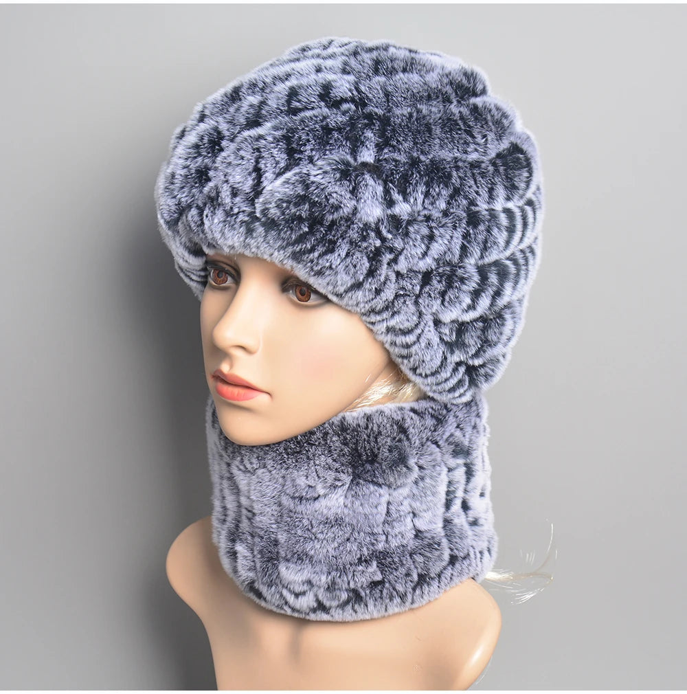 Women Knit Real Rex Rabbit Fur Hat Scarf Sets Natural Warm Rex Rabbit Fur Scarves Hat Winter Lady Real Rex Rabbit Fur Hat Scarf