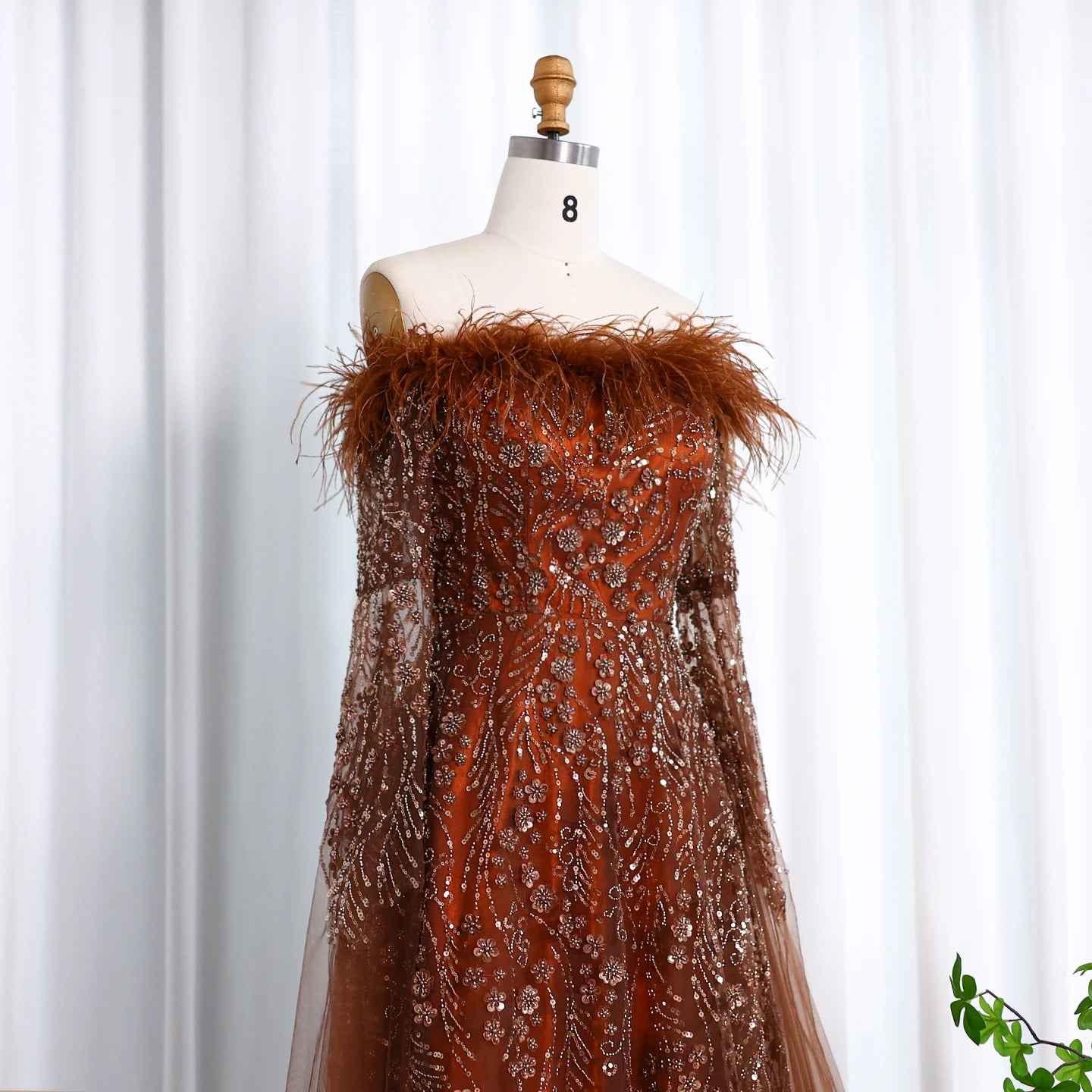 Sharon Said Off Shoulder Luxury Feather Brown Evening Dress with Cape Sleeve Navy Blue Women Wedding Party Gown SS135 Customized