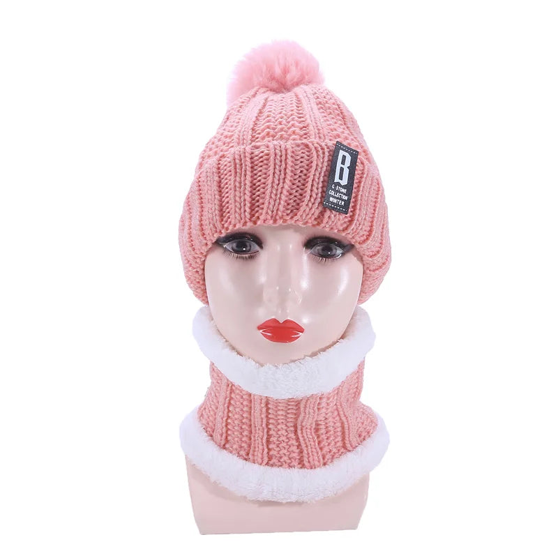 Warm Winter Skullies Beanies Knitted Hat Women Brand High Quality Winter Women Ball Ski Wool Fur Hat Pompoms Hats Knitted Scarf