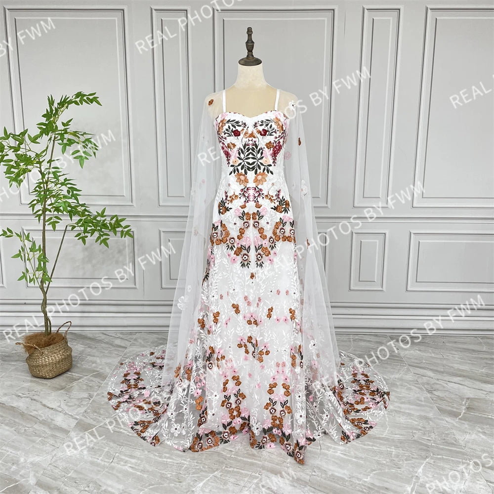 20058# Real Photos Colorful Flowers Embroidery Lace Wedding Dress Strapless Boho Low Back Customized Bridal Gown For Women 2024