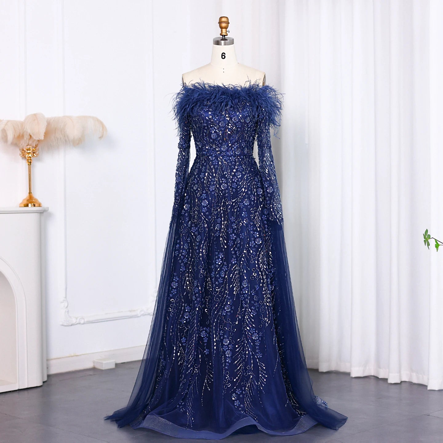 Sharon Said Off Shoulder Luxury Feather Brown Evening Dress with Cape Sleeve Navy Blue Women Wedding Party Gown SS135 Customized