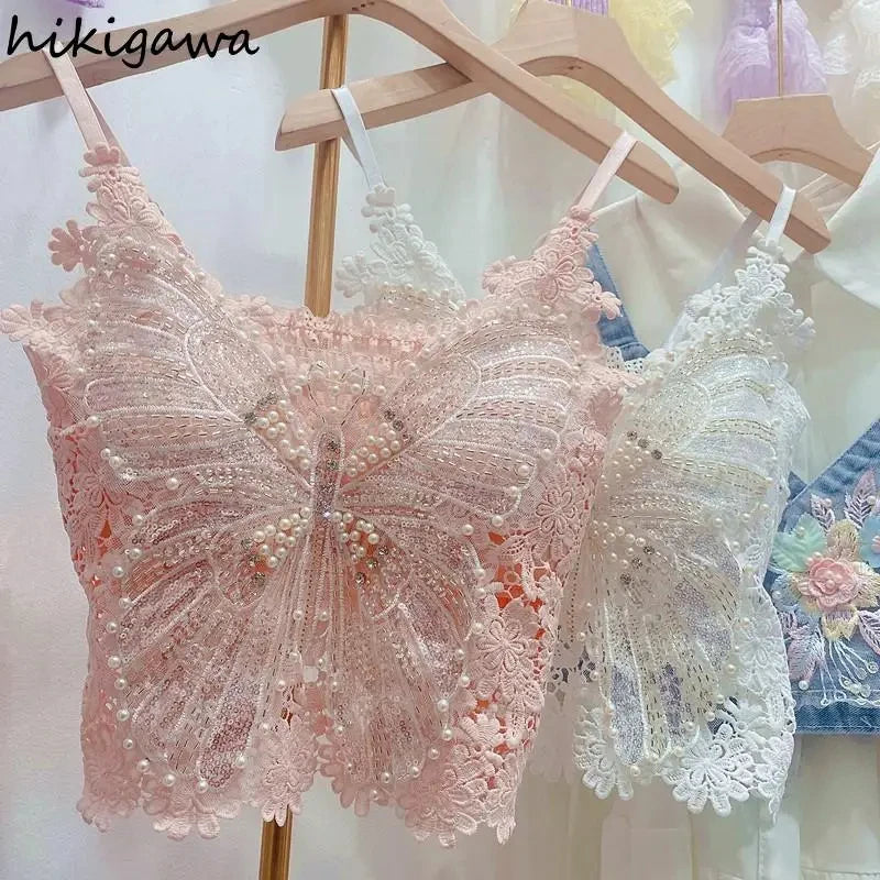 Women Clothing Heavy Beading Floral Tank Crop Tops Ropa Mujer Lace Butterfly Top Navel Baring Cropped Top Summer Camis