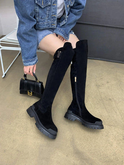 Krazing Pot High Quality Cow Leather Platform Thigh High Boots Round Toe Casual Winter Shoes Zip Dress Over The Knee Boots L92