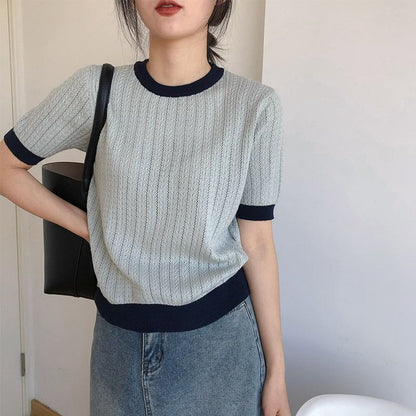 Panelled T-shirts Women Clothing Knitted Vintage Office Lady Simple Summer Work Wear Tender Elegant Fashion Minority Casual 2023