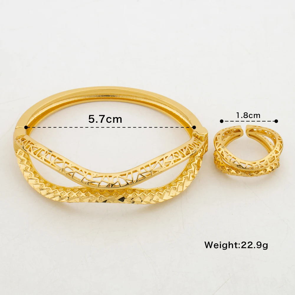 Nigerian Gold Color Bangle Ring Jewelry Set for Party Hollow Out Design Hand Bangle and Finger Ring 2Pcs Set for Engagement Gift