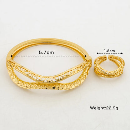 Nigerian Gold Color Bangle Ring Jewelry Set for Party Hollow Out Design Hand Bangle and Finger Ring 2Pcs Set for Engagement Gift