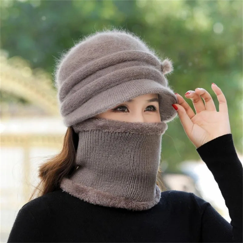 Women Winter Hat Keep Warm Cap Add Fur Lined CAPS And Scarf Set Warm For Female Casual Rabbit Fur Winter Knitted Bonnet