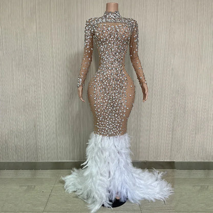 Stock Luxury Hand Made Shiny Crystal Diamond Stretch Tight Feather Long Dress Empress Cross Prom Gown Performance Costume Robes