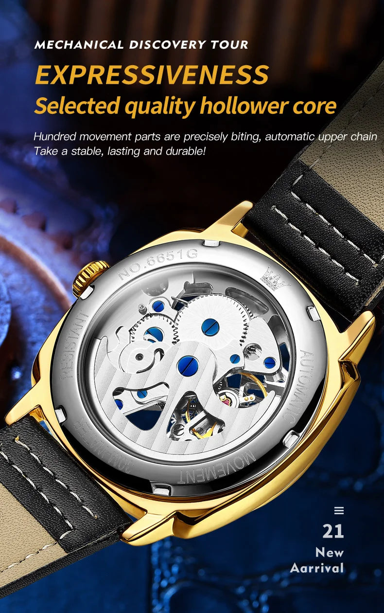 OLEVS 6651 Classic Automatic Mechanical Watch For Men Hollow Skeleton Luxury Leather Wrist Watches Waterproof Luminous Man Watch