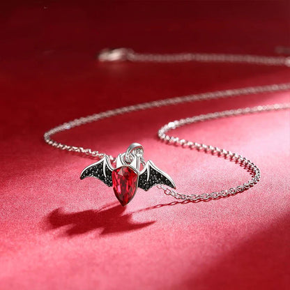 Silver 925 Red Crystal Bat Pendant Necklace for Women Girl Choker Chain Necklaces Halloween Cute Animal Accessories Party Gift