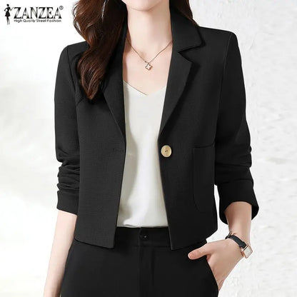 ZANZEA Stylish Women OL Work Blazer Autumn Elegant Office Lady Suits Blazer Casual Solid Crop Top Lapel Neck Long Sleeve Outwear