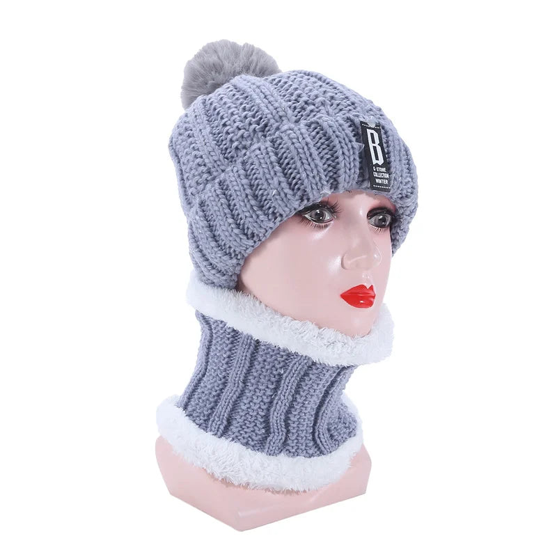 Warm Winter Skullies Beanies Knitted Hat Women Brand High Quality Winter Women Ball Ski Wool Fur Hat Pompoms Hats Knitted Scarf