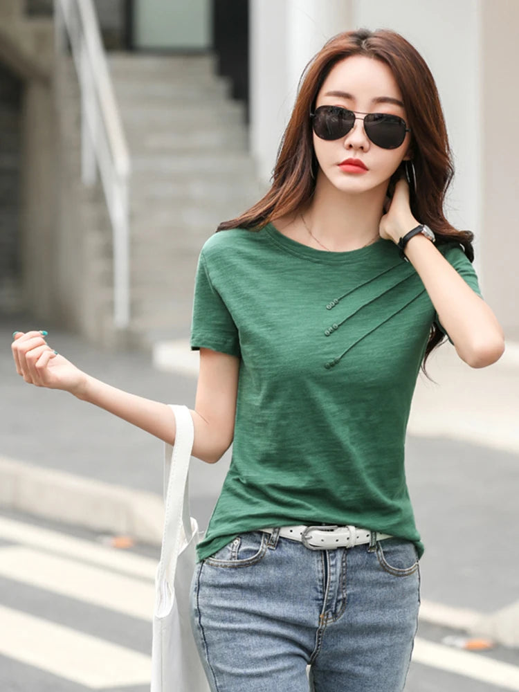 Summer Women Tee-Shirts Button Ribbed Cotton Top Loose Fashion T-shirts Women Streetwear Short Sleeve O-Neck Korean Tops