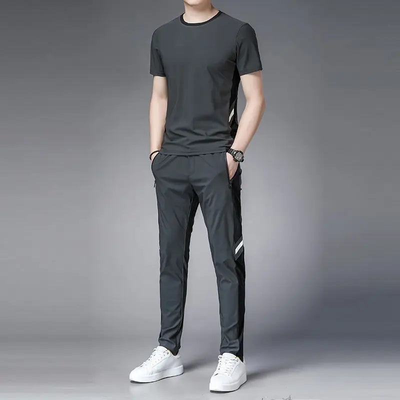 Men's Top Pants Sets Fashion Sports Suits Kpop Sweatpants Xl Clothing Cool No Logo Man T Shirt Polyester Slim Fit Chic Tracksuit