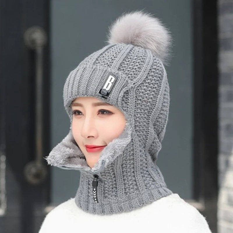 Winter Women's Knitted Caps Plush Pullover Earmuff Bib Cap For Warmth Bonnet Hivers Femme Strickmütze Pompom Fur Warm Hat