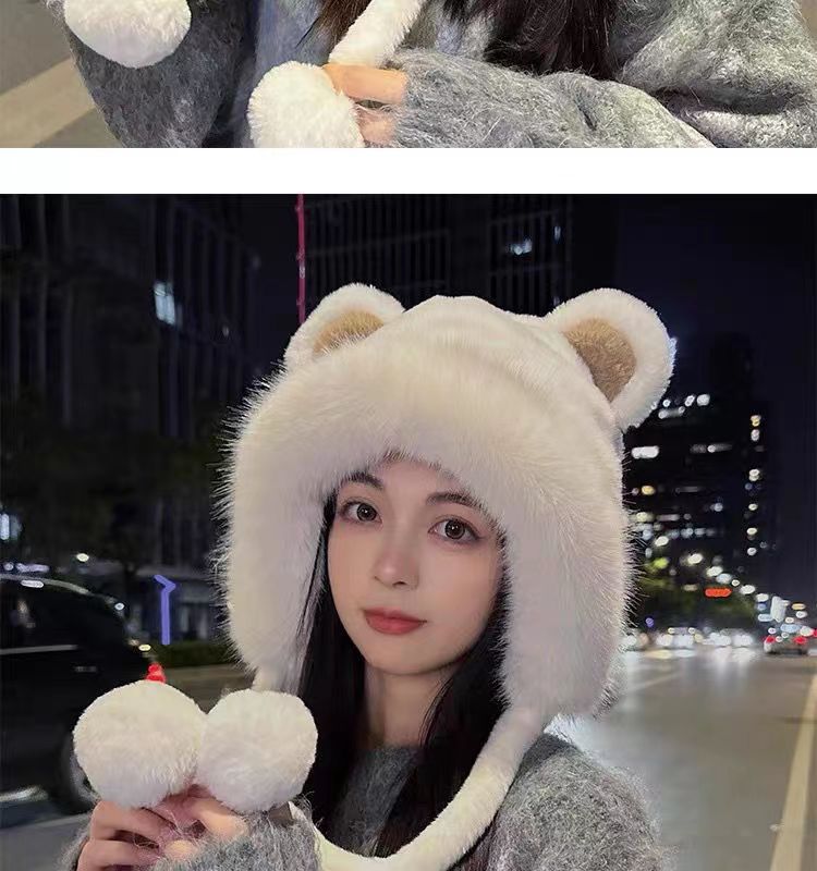 Winter Bear Plush Hat Outdoor Cycling Ear Protection Hat Thickened Warm Hat Casual Fleece Girls Hat Women's Warmth Essentials