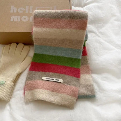 Rainbow Stripes Mohair Scarf Men And Women In Winter Colour Blocking Stripes Wool Short Scarf Students Warm Short Scarf