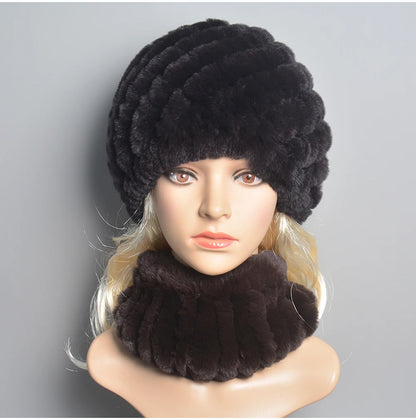 Women Knit Real Rex Rabbit Fur Hat Scarf Sets Natural Warm Rex Rabbit Fur Scarves Hat Winter Lady Real Rex Rabbit Fur Hat Scarf