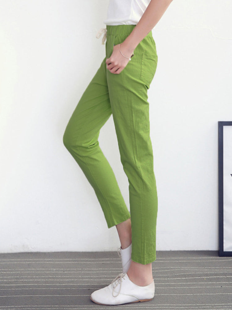 2023 Cotton Linen Women Pants Spring Summer Green Harem Pants Solid Elastic Waist Harem Trousers Soft High Quality Women's Pants