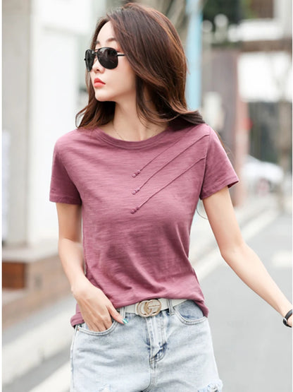 Summer Women Tee-Shirts Button Ribbed Cotton Top Loose Fashion T-shirts Women Streetwear Short Sleeve O-Neck Korean Tops