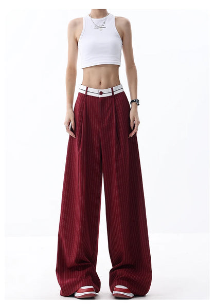 Korean Fashion Women Old Money Style Baggy Long Trousers Striped Vintage Irregular Design Loose Casual Pants 2000s Aesthetic New