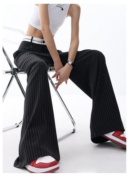 Korean Fashion Women Old Money Style Baggy Long Trousers Striped Vintage Irregular Design Loose Casual Pants 2000s Aesthetic New