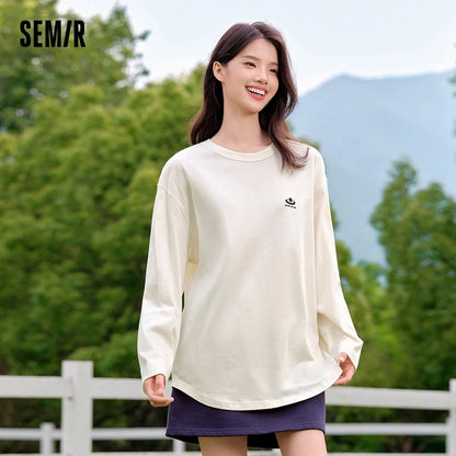 Semir Long Sleeve T-Shirt Women Plum Blossom Medium Long Length Pure Cotton with Printed Design 2024 New Autumn Oversized Top