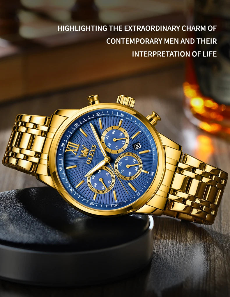 OLEVS 2023 New Gold Watch for Men Stainless Steel Waterproof Chronograph Calendar Man Watch Luxury Top Brand Men's Wristwatches