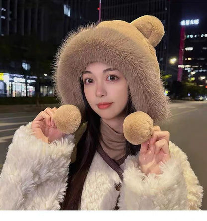 Winter Bear Plush Hat Outdoor Cycling Ear Protection Hat Thickened Warm Hat Casual Fleece Girls Hat Women's Warmth Essentials