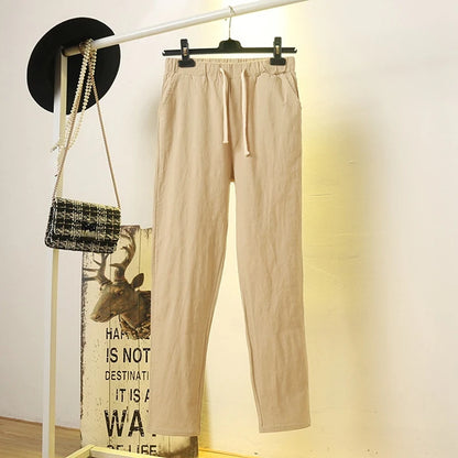 2023 Cotton Linen Women Pants Spring Summer Green Harem Pants Solid Elastic Waist Harem Trousers Soft High Quality Women's Pants