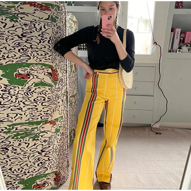 Women's Striped Straight Pants Colors Print Wide Trousers With Zipper Female Casual Pockets High Waist Pant 2024 New Commuting