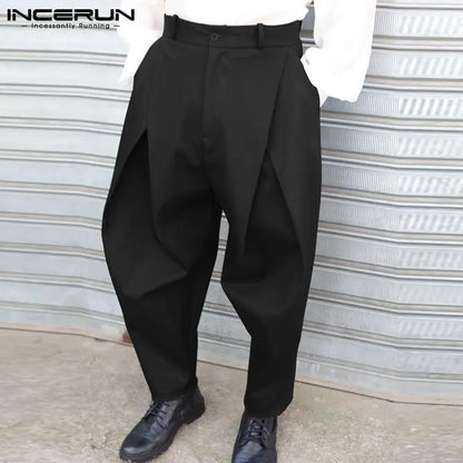 INCERUN 2024 Men Pants Solid Color Button Streetwear Joggers Loose Trousers Men Pleated Pockets Fashion Casual Long Pants S-5XL