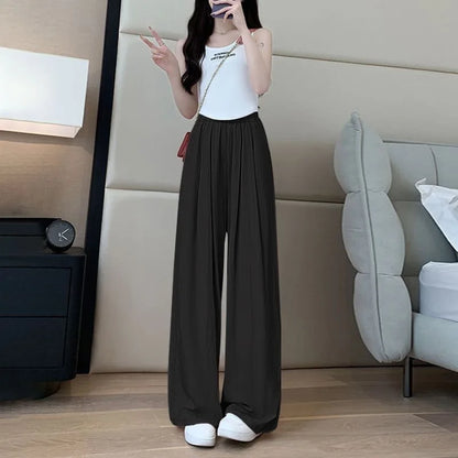 Summer Women's New Fashion Thin Japanese Ice Silk Wide-Leg Pants High-Waisted Straight Draped Anti-Wrinkle Casual Pants