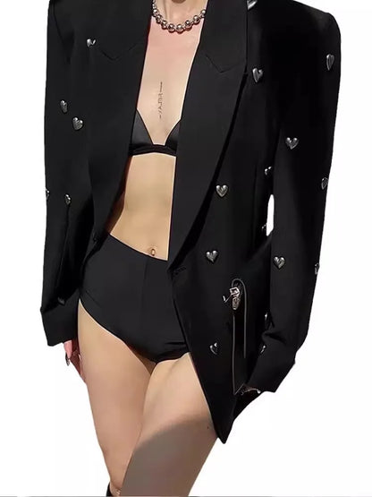 2024 Spring Autumn New Black Heavy Industry Diamond-encrusted Suit Jacket Female High-end Design Sense Minority Street Blazer