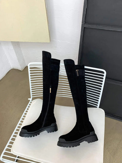 Krazing Pot High Quality Cow Leather Platform Thigh High Boots Round Toe Casual Winter Shoes Zip Dress Over The Knee Boots L92