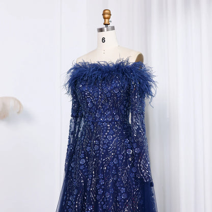 Sharon Said Off Shoulder Luxury Feather Brown Evening Dress with Cape Sleeve Navy Blue Women Wedding Party Gown SS135 Customized