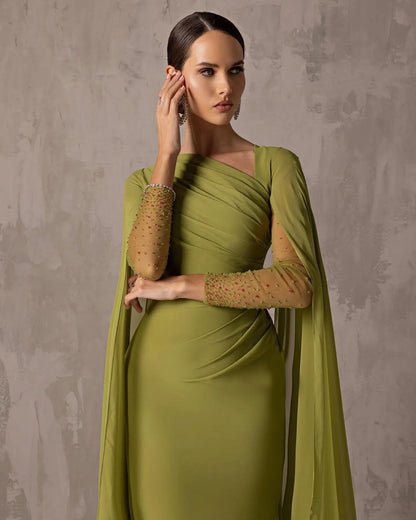 Sharon Said Custom Made Asymmetrical Sage Green Chiffon Arabic Evening Dress with Cape Sleeve For Women Wedding SF051 Customized