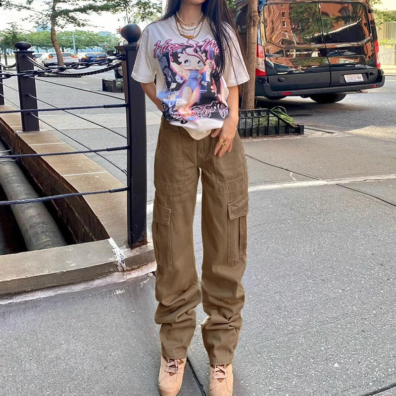 Women Solid Color Cargo Pants High Waist Straight-leg Buckle Jeans with Pockets Khaki Brown Baggy Casual Trousers